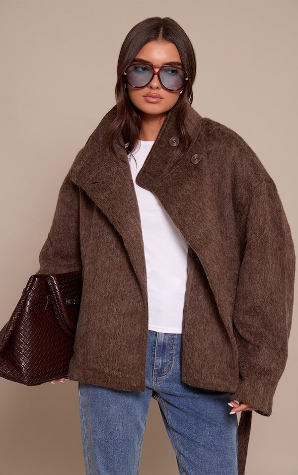 Manteau à nouer en fausse laine brossée chocolat