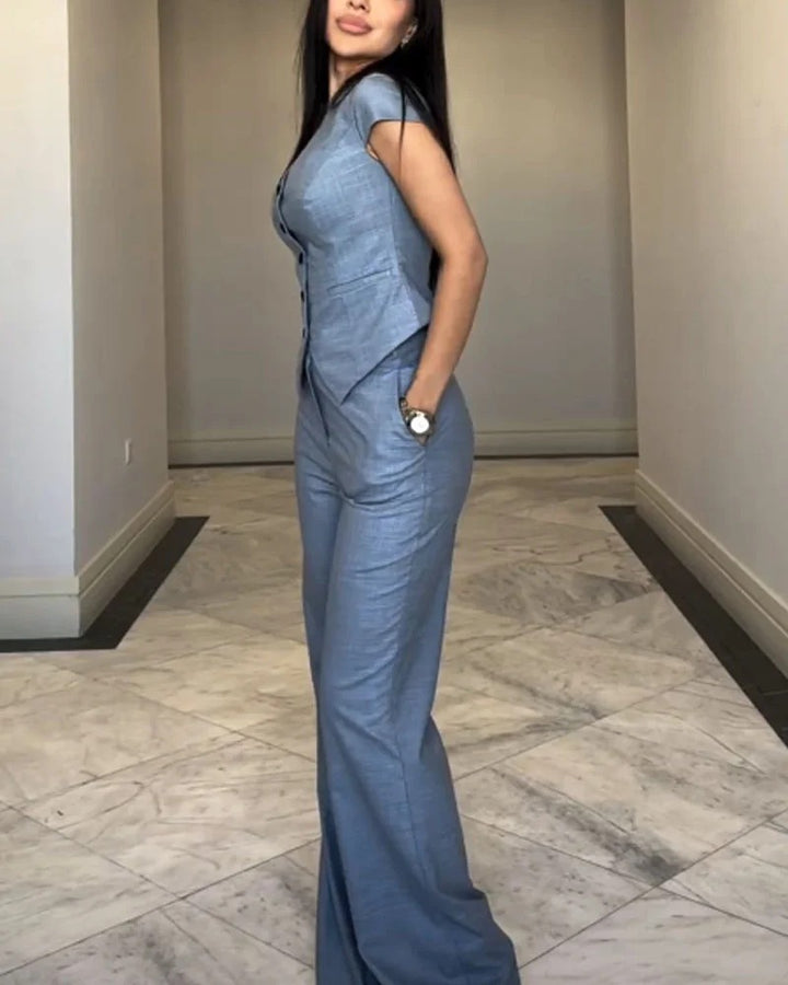 Ensemble deux pièces haut et pantalon à col en V tendance