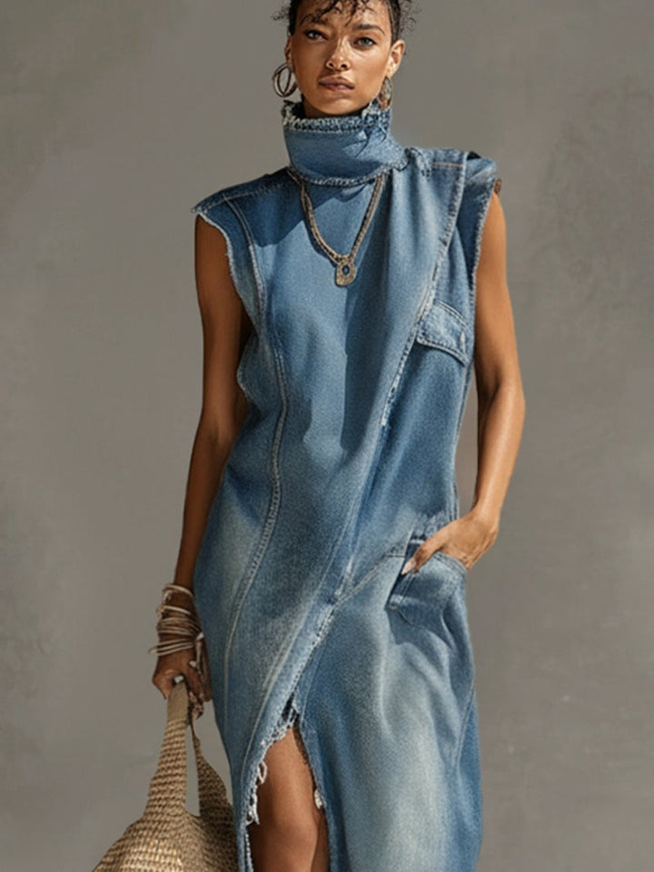Robe sans manches à col montant effiloché en denim