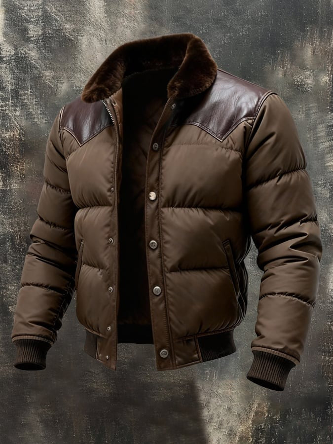 Doudoune avec détails en cuir et col en fourrure