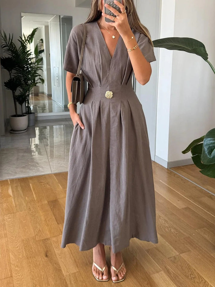 Robe décontractée en coton et lin à col en V et taille haute