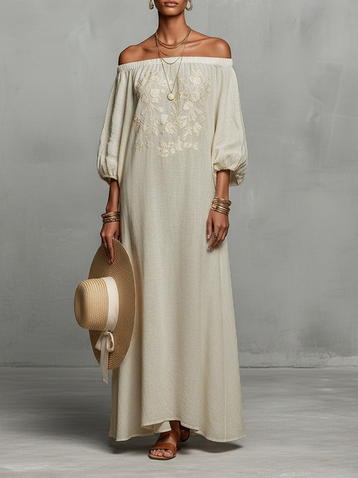 Robe longue brodée à épaules dénudées