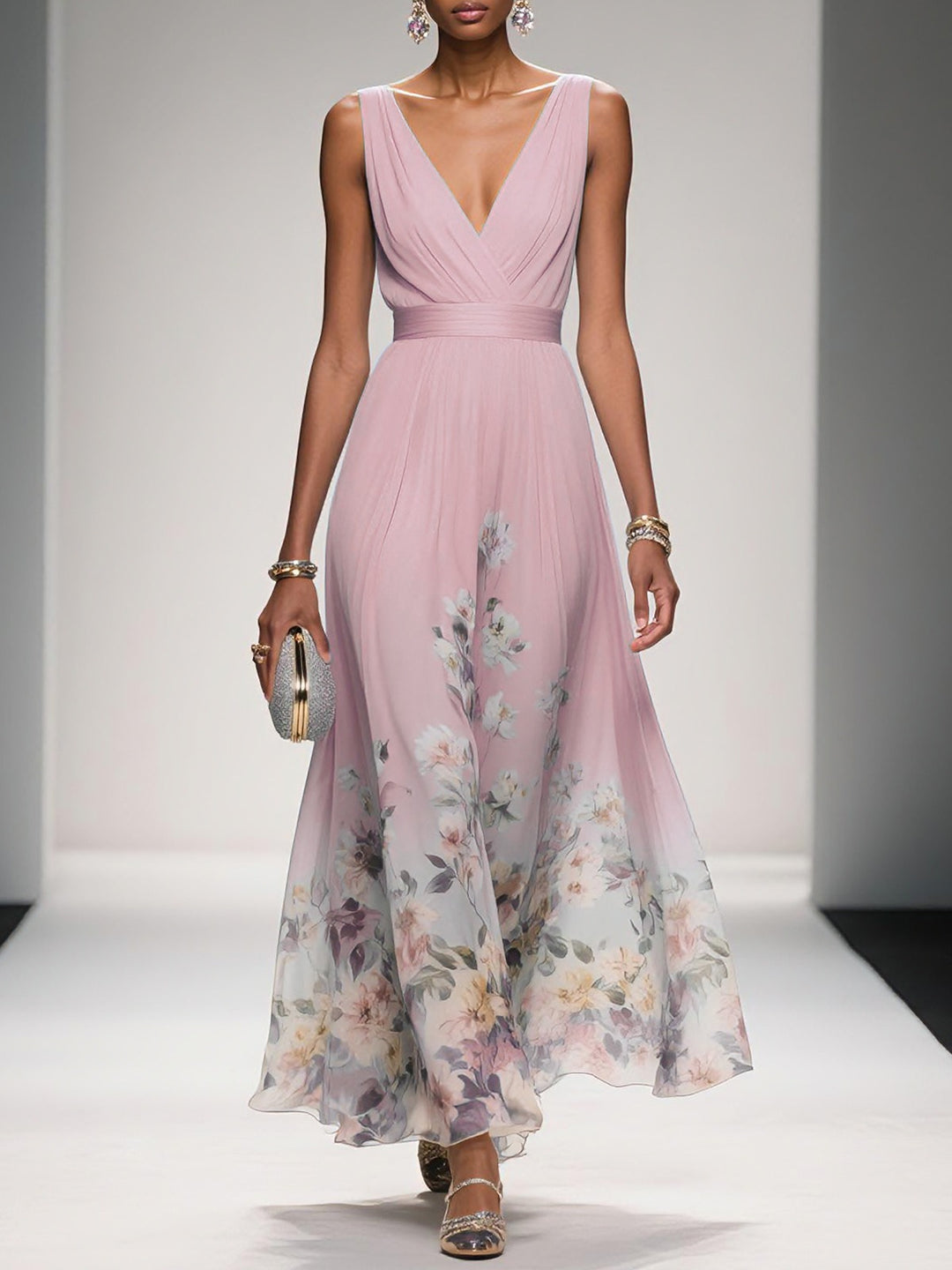 Robe longue en mousseline de soie à fleurs