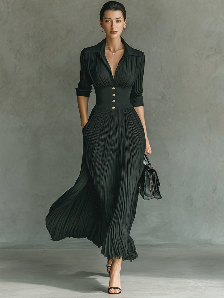 Robe longue plissée à manches longues et taille à revers