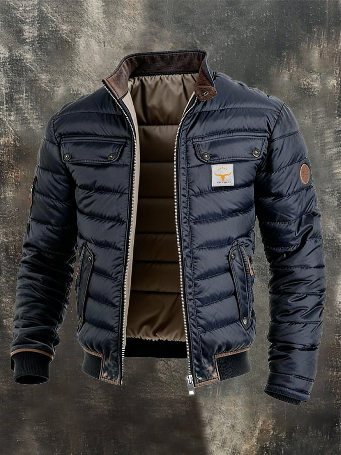 Veste d'extérieur chaude zippée en cuir matelassé rétro