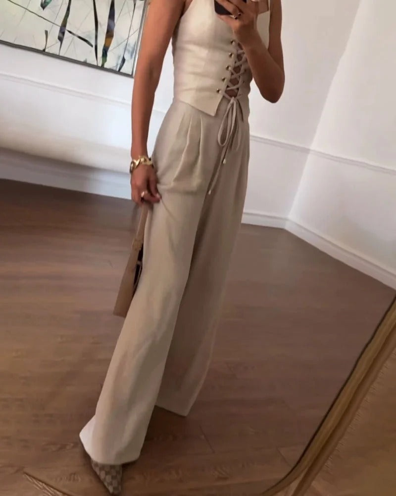 Ensemble deux pièces haut et pantalon à cordons