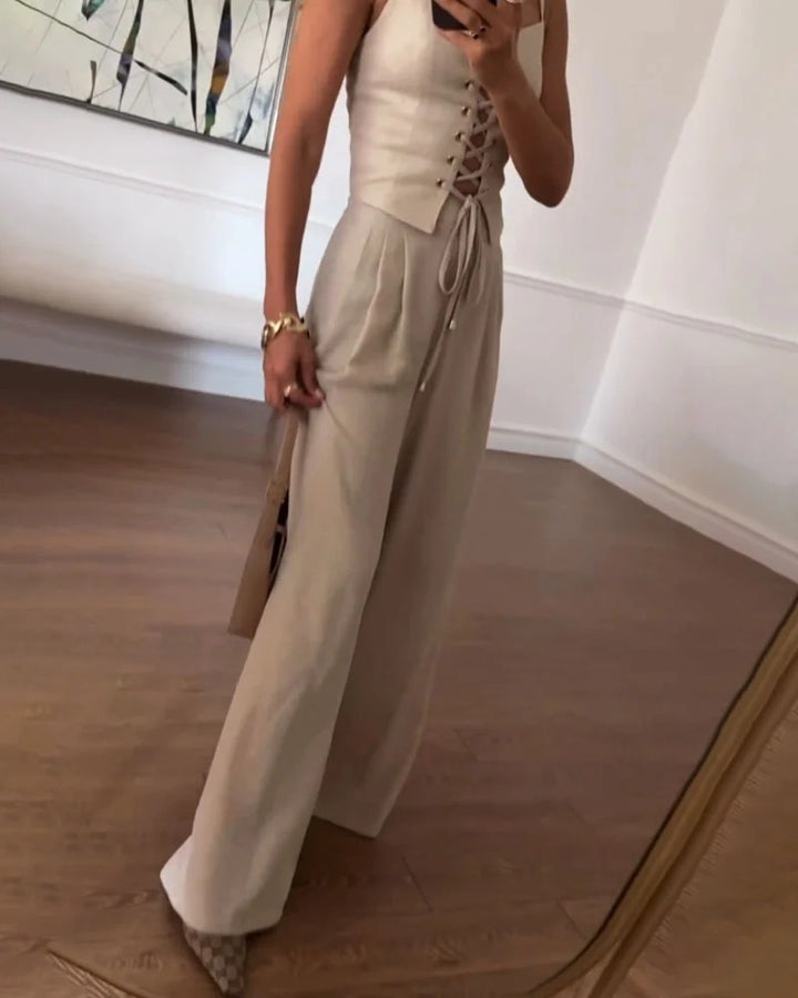 Ensemble deux pièces haut et pantalon à cordons
