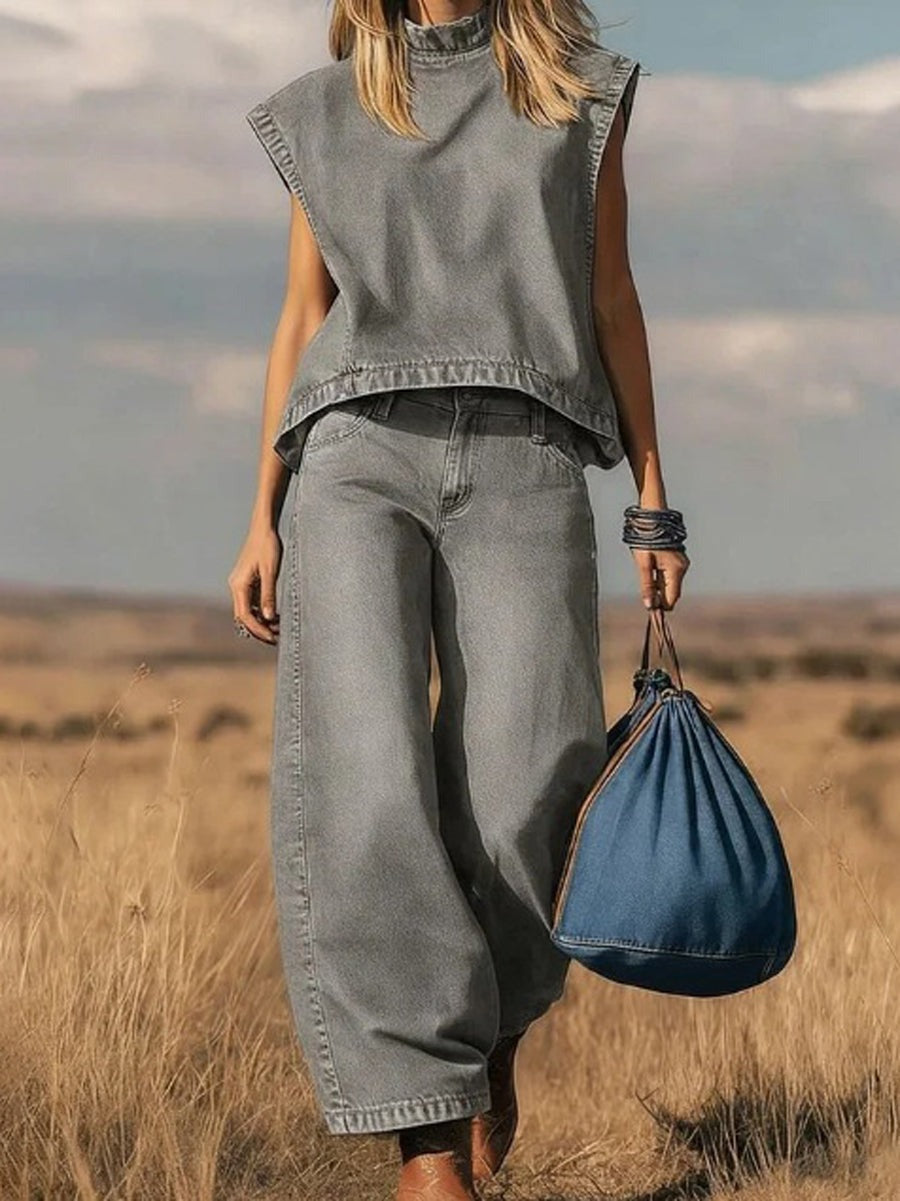 Ensemble deux pièces en denim débardeur et pantalon