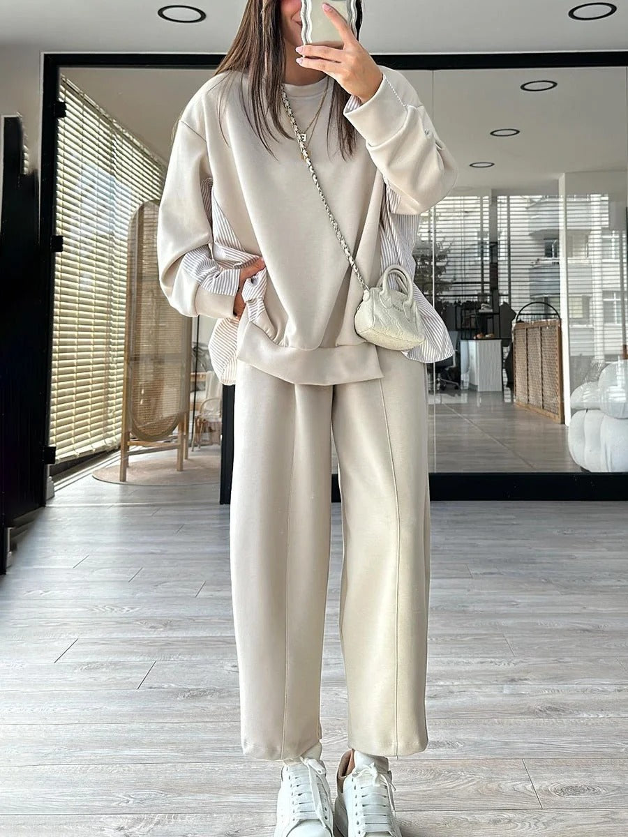 Ensemble deux pièces décontracté à rayures et patchwork pour femme