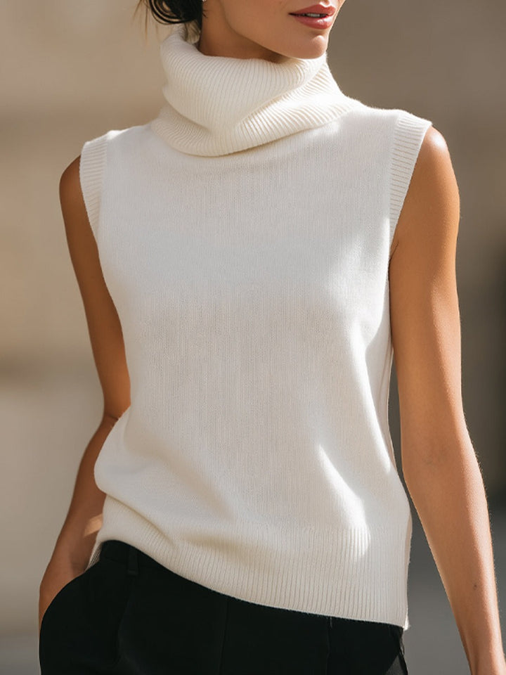 Pull élégant sans manches à col roulé en maille côtelée douce