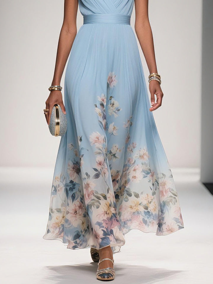 Robe longue en mousseline de soie à fleurs