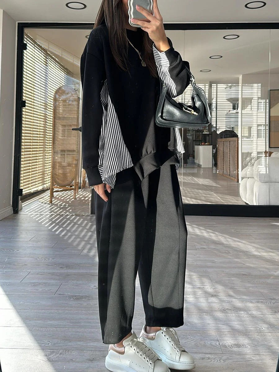 Ensemble deux pièces décontracté à rayures et patchwork pour femme