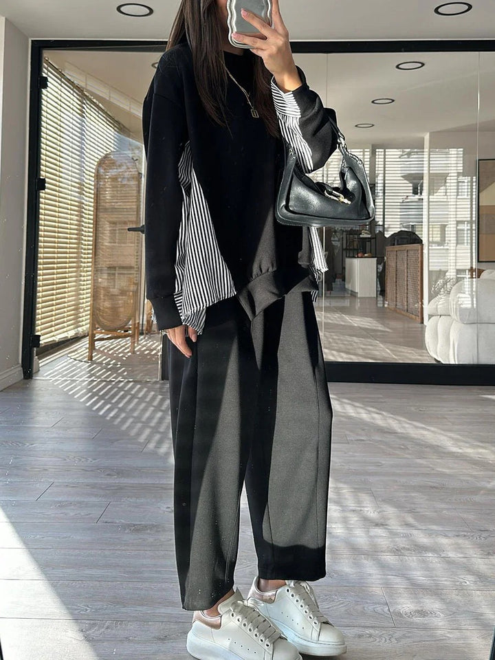 Ensemble deux pièces décontracté à rayures et patchwork pour femme