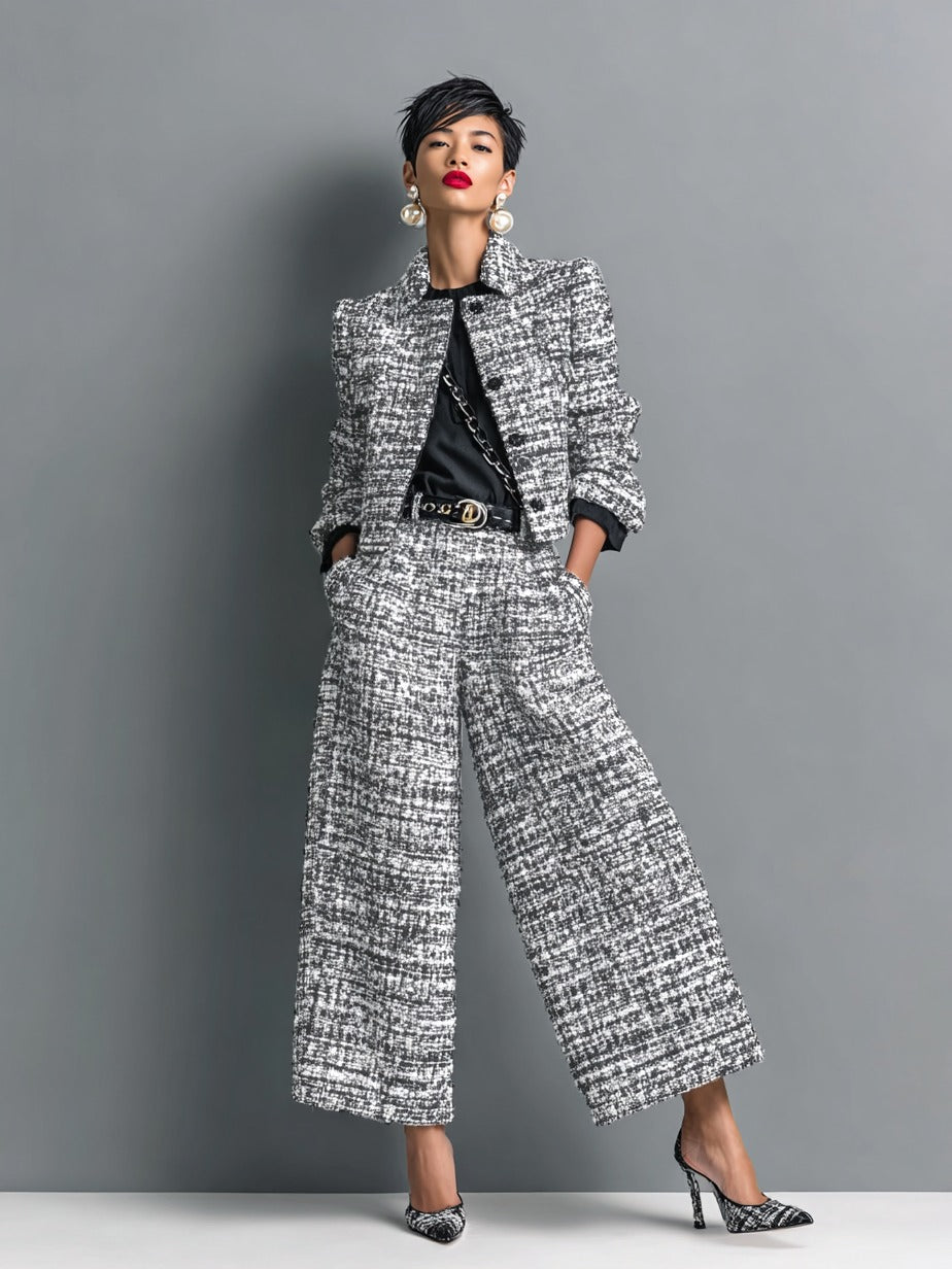 Ensemble veste courte et pantalon large en tweed mélangé