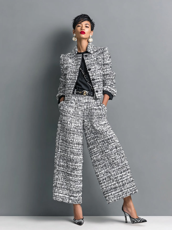 Ensemble veste courte et pantalon large en tweed mélangé
