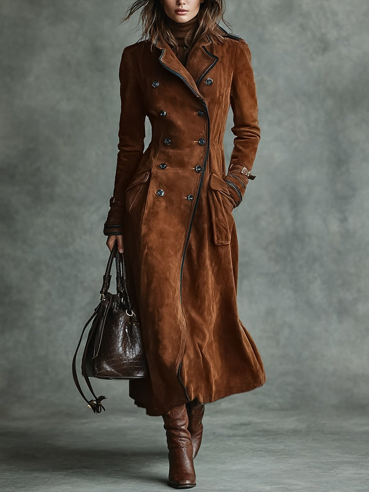 Manteau long croisé à revers et bordure en daim