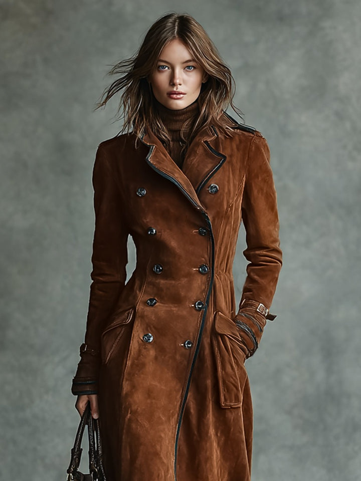 Manteau long croisé à revers et bordure en daim