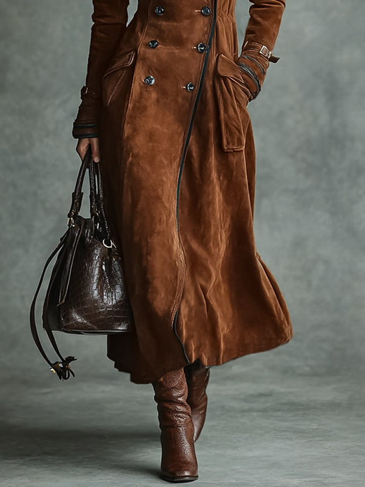 Manteau long croisé à revers et bordure en daim