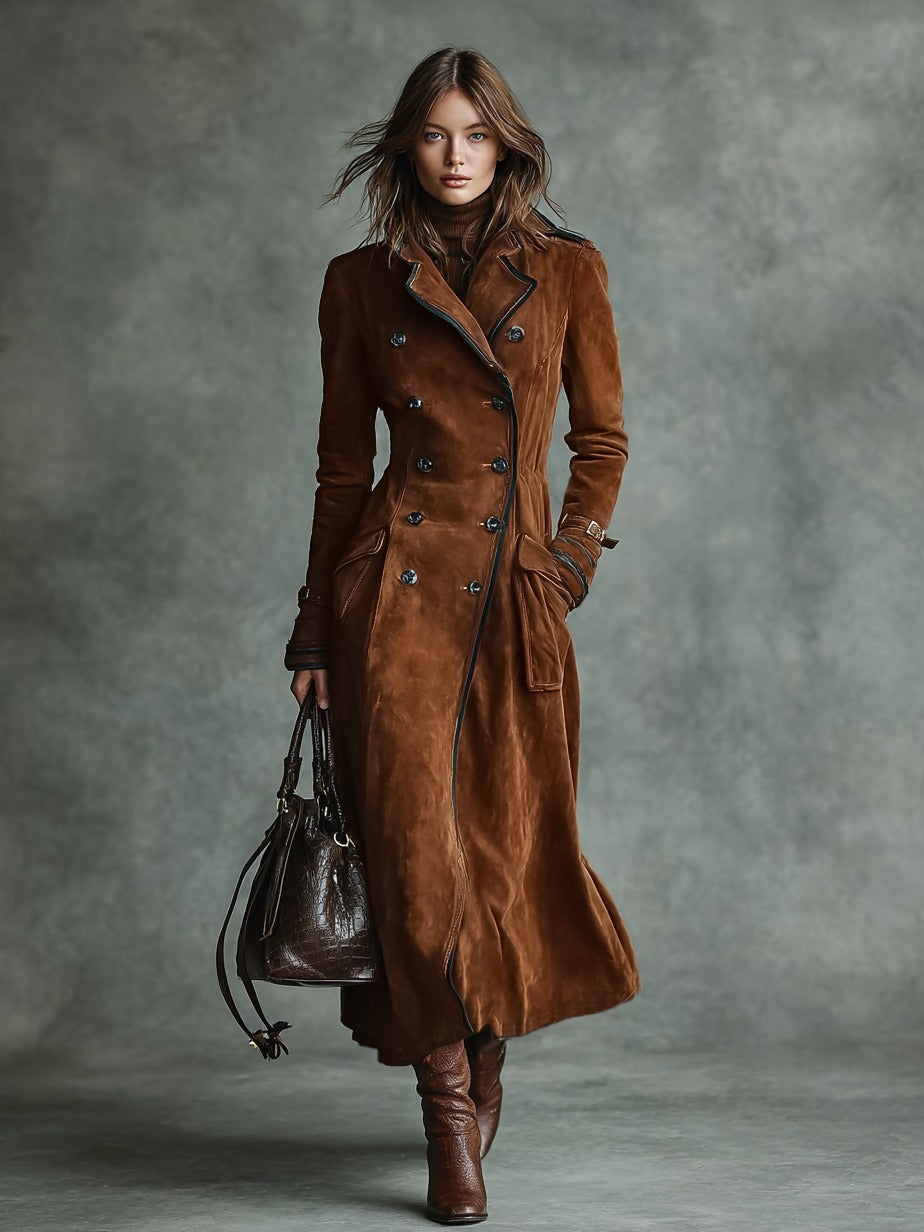 Manteau long croisé à revers et bordure en daim