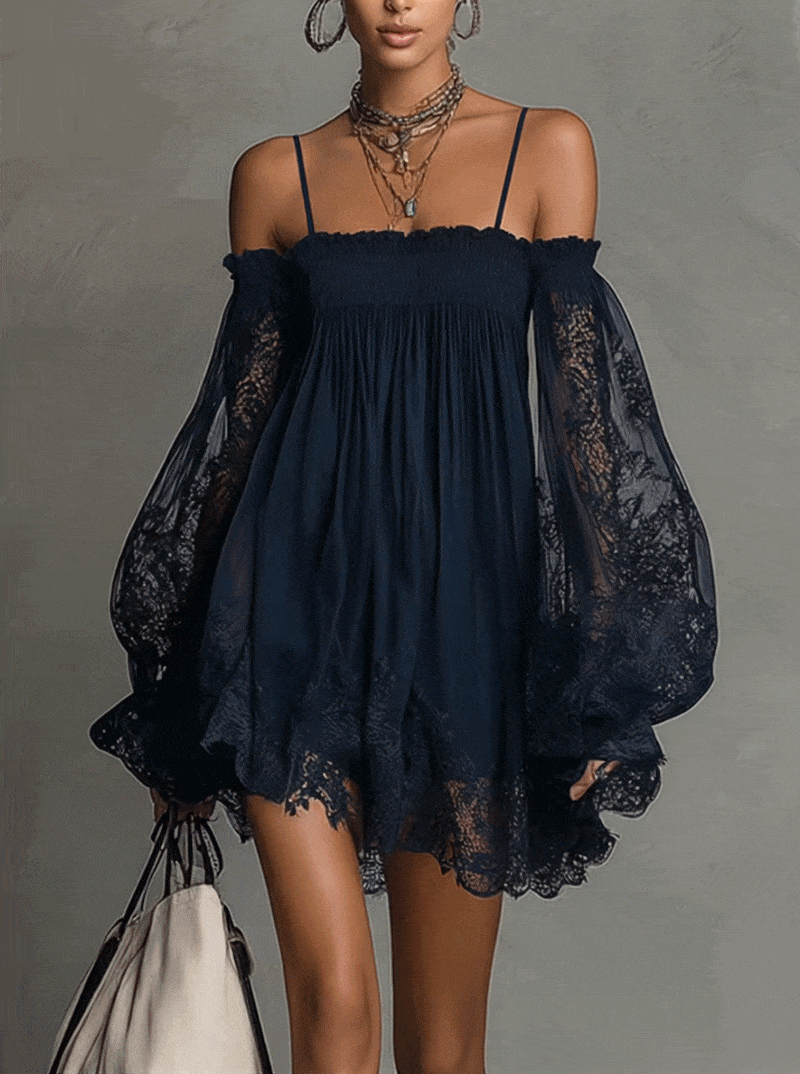 Louisa | Vestido de Chifón con Mangas de Encaje y Hombros Descubiertos