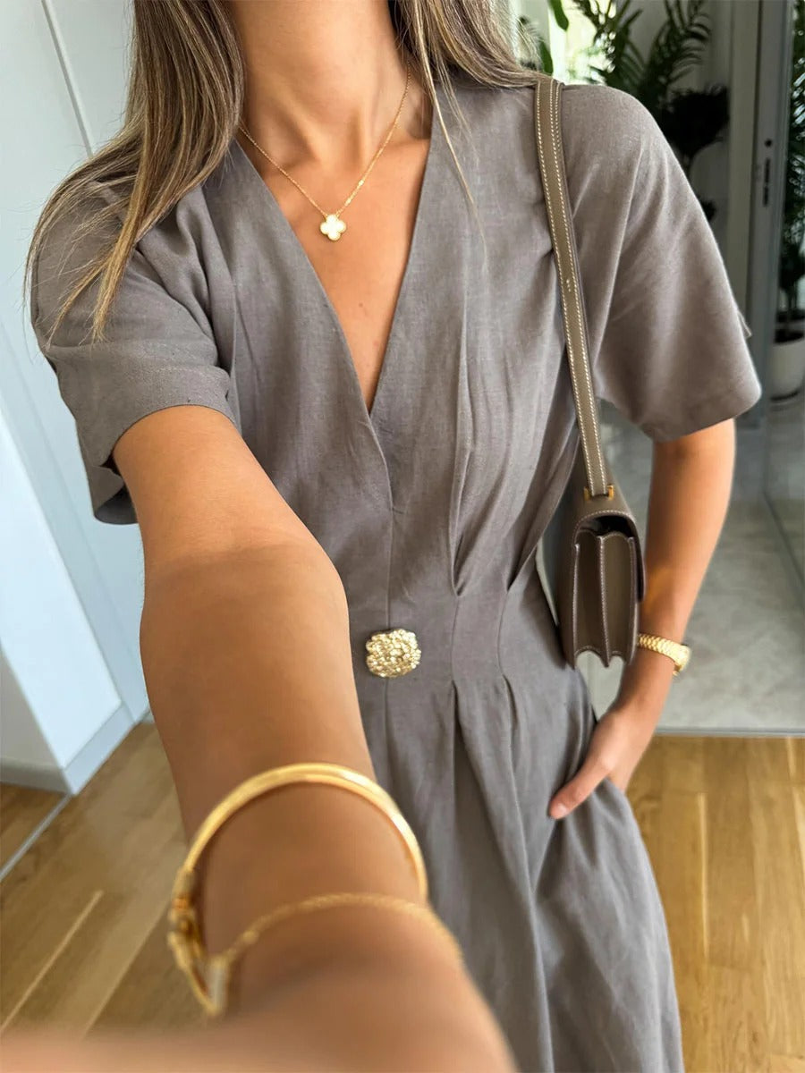 Robe décontractée en coton et lin à col en V et taille haute