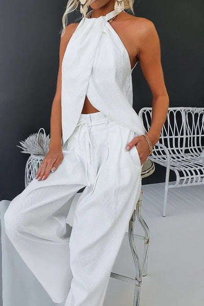 Ensemble haut fendu et pantalon taille haute en lin mélangé
