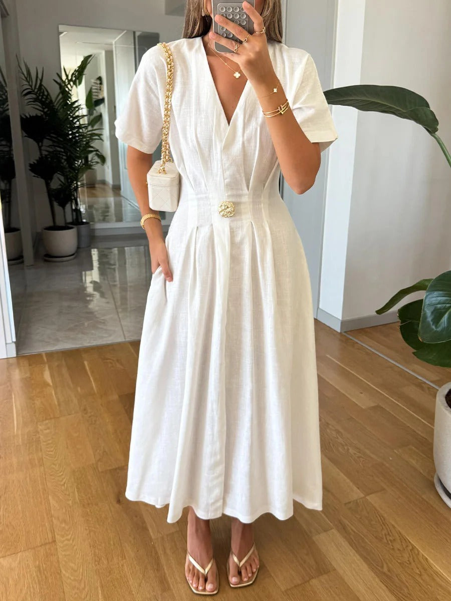 Robe décontractée en coton et lin à col en V et taille haute
