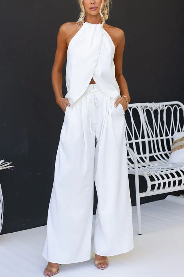 Ensemble haut fendu et pantalon taille haute en lin mélangé