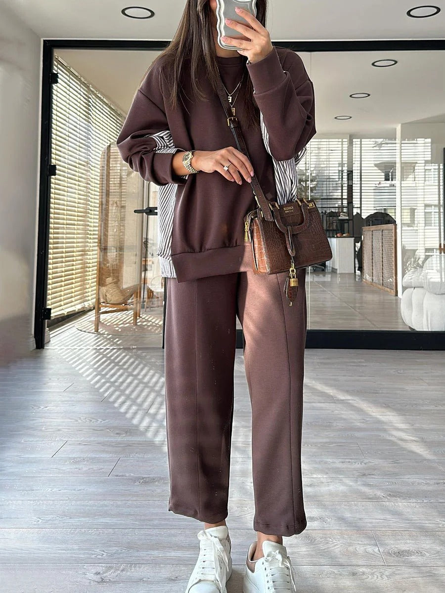 Ensemble deux pièces décontracté à rayures et patchwork pour femme