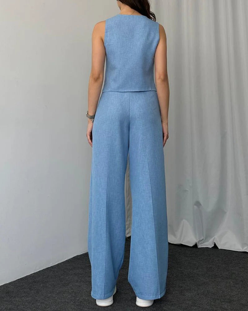 Ensemble deux pièces gilet décontracté de couleur unie