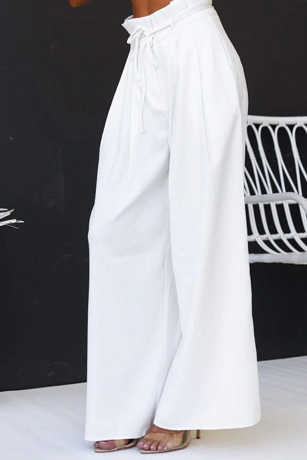 Ensemble haut fendu et pantalon taille haute en lin mélangé
