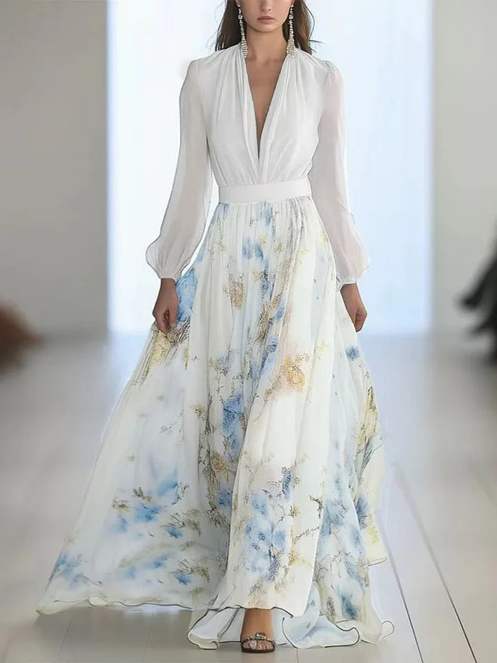 Robe longue fleurie à col en V et manches longues