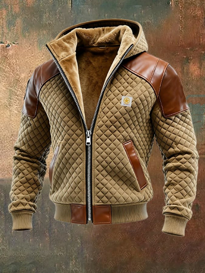 Veste à carreaux et patchwork en cuir pour homme