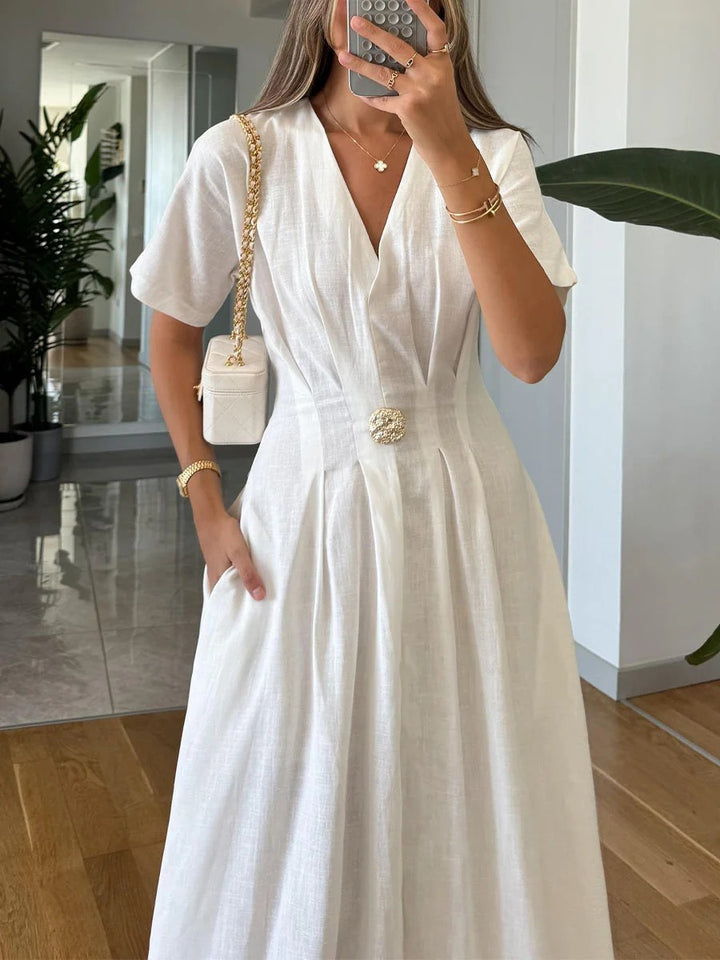 Robe décontractée en coton et lin à col en V et taille haute