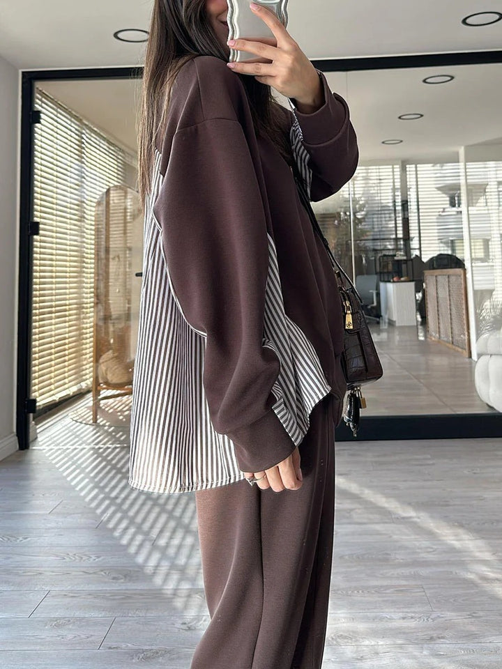 Ensemble deux pièces décontracté à rayures et patchwork pour femme