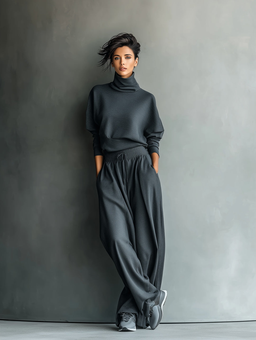 Ensemble haut oversize à col roulé en maille anthracite et pantalon large