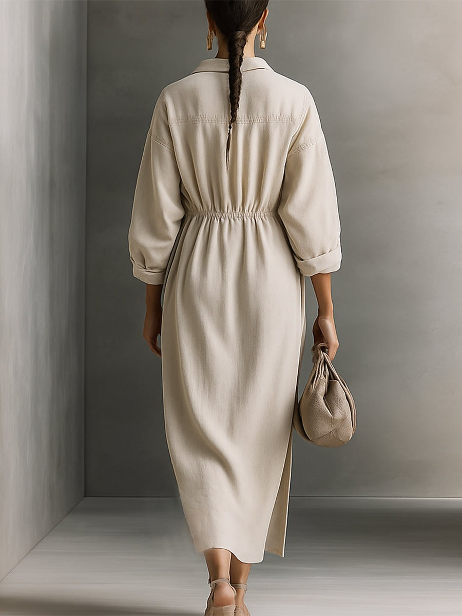 Robe longue beige décontractée en coton avec cordon de serrage