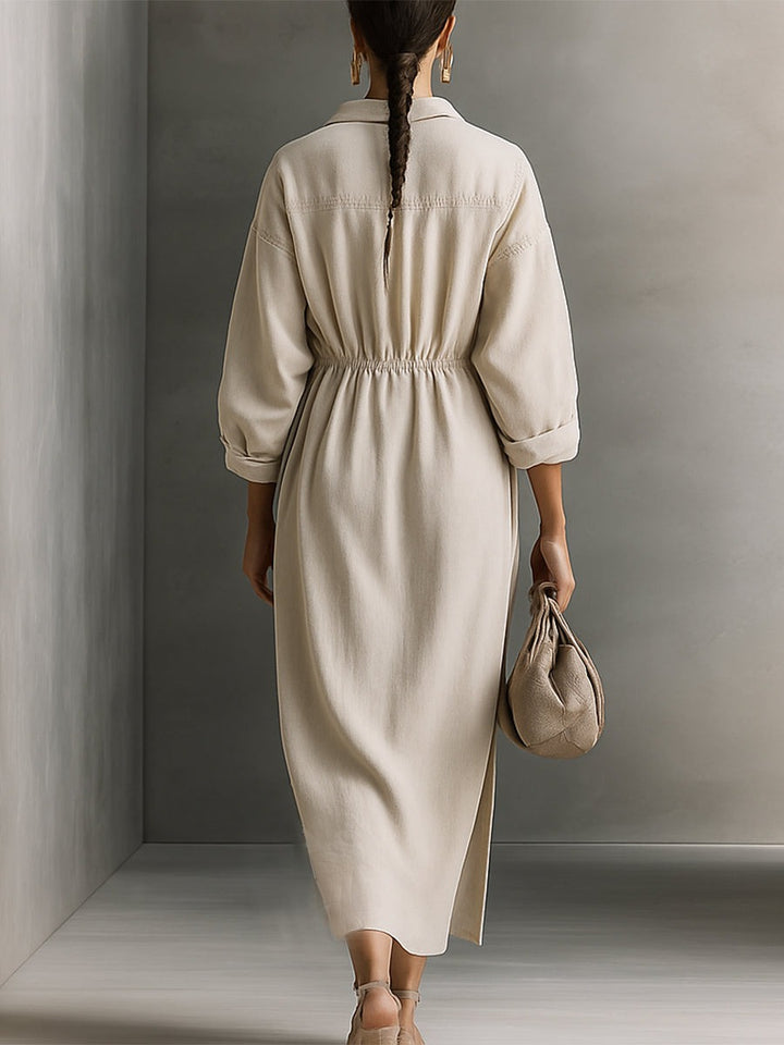 Robe longue beige décontractée en coton avec cordon de serrage