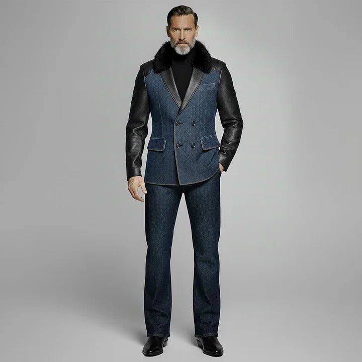 Blazer croisé en denim col en similicuir et fourrure