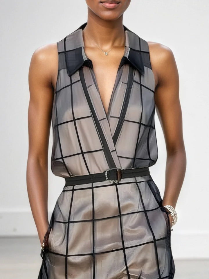 Robe longue à carreaux en tulle ceinturée