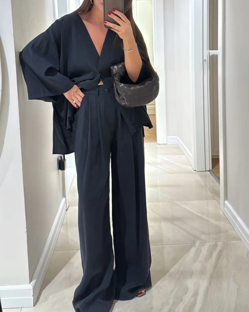 Ensemble deux pièces décontracté haut à col en V et pantalon