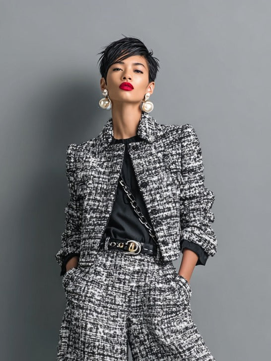 Ensemble veste courte et pantalon large en tweed mélangé