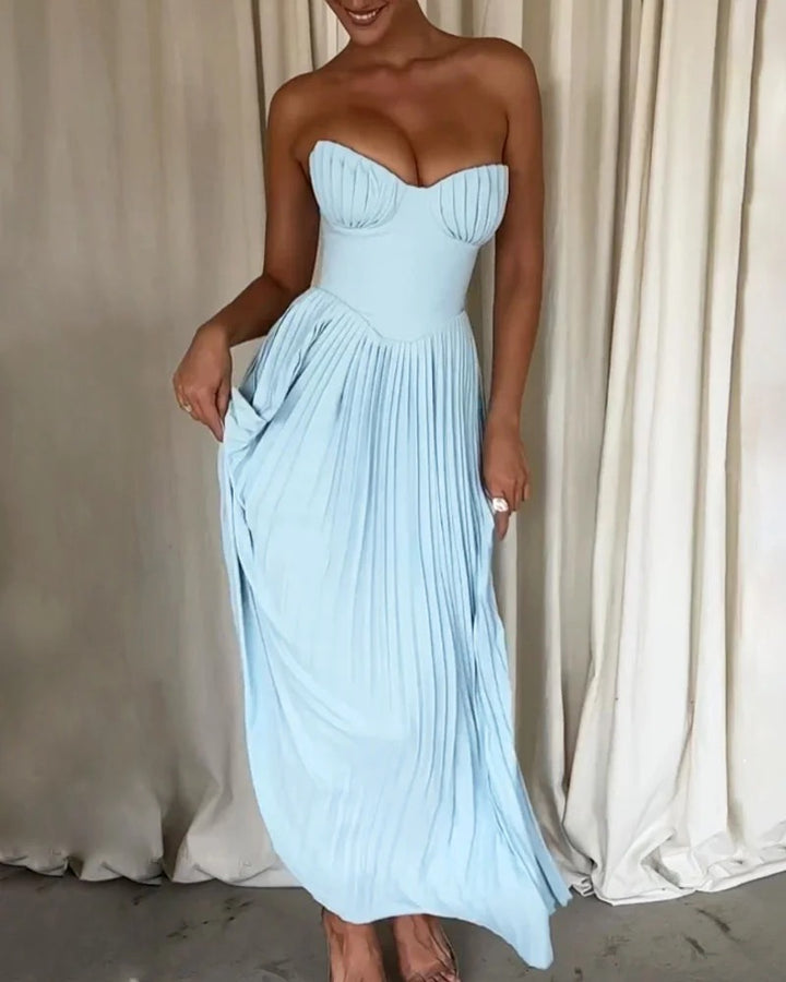 Robe plissée élégante sans bretelles de couleur unie