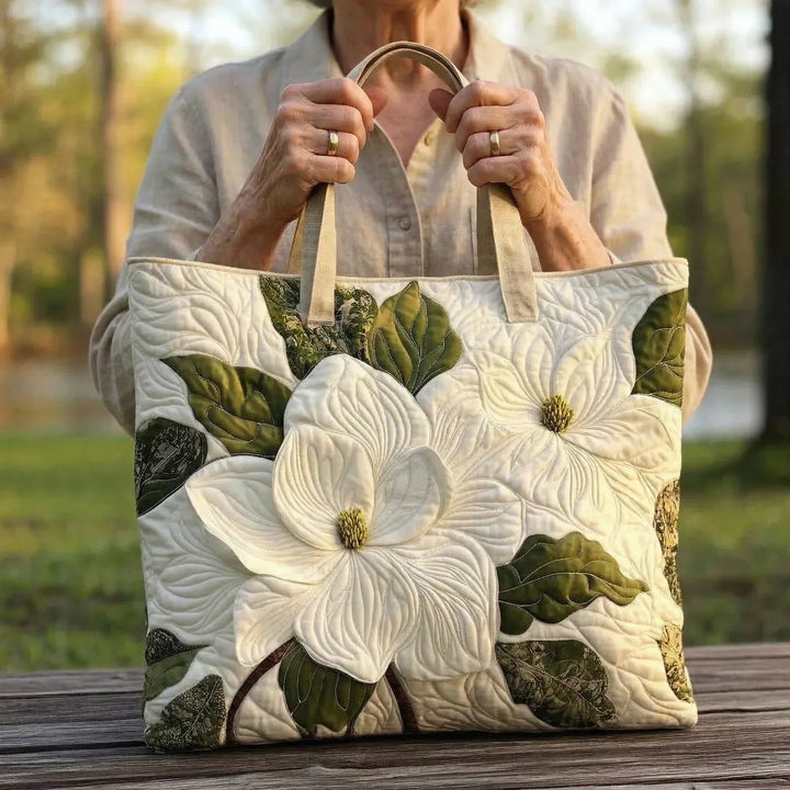 Padded Artisan Tote Bag - Elegant White Lilies