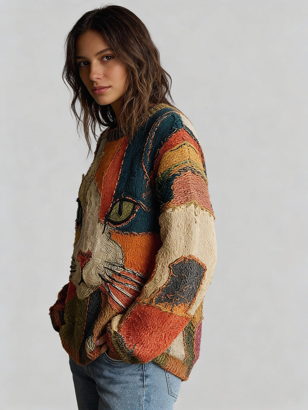 Pull artistique motif chat