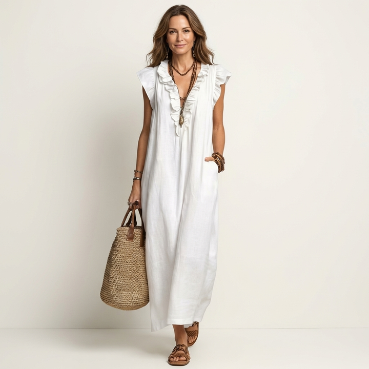 Josette | Vestido Maxi de Lino con Volantes en Escote en V
