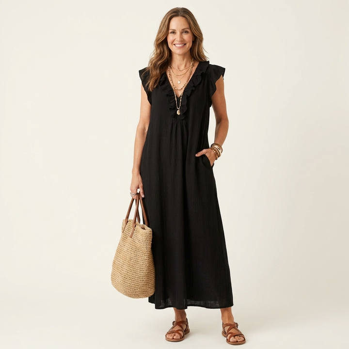 Josette | Vestido Maxi de Lino con Volantes en Escote en V
