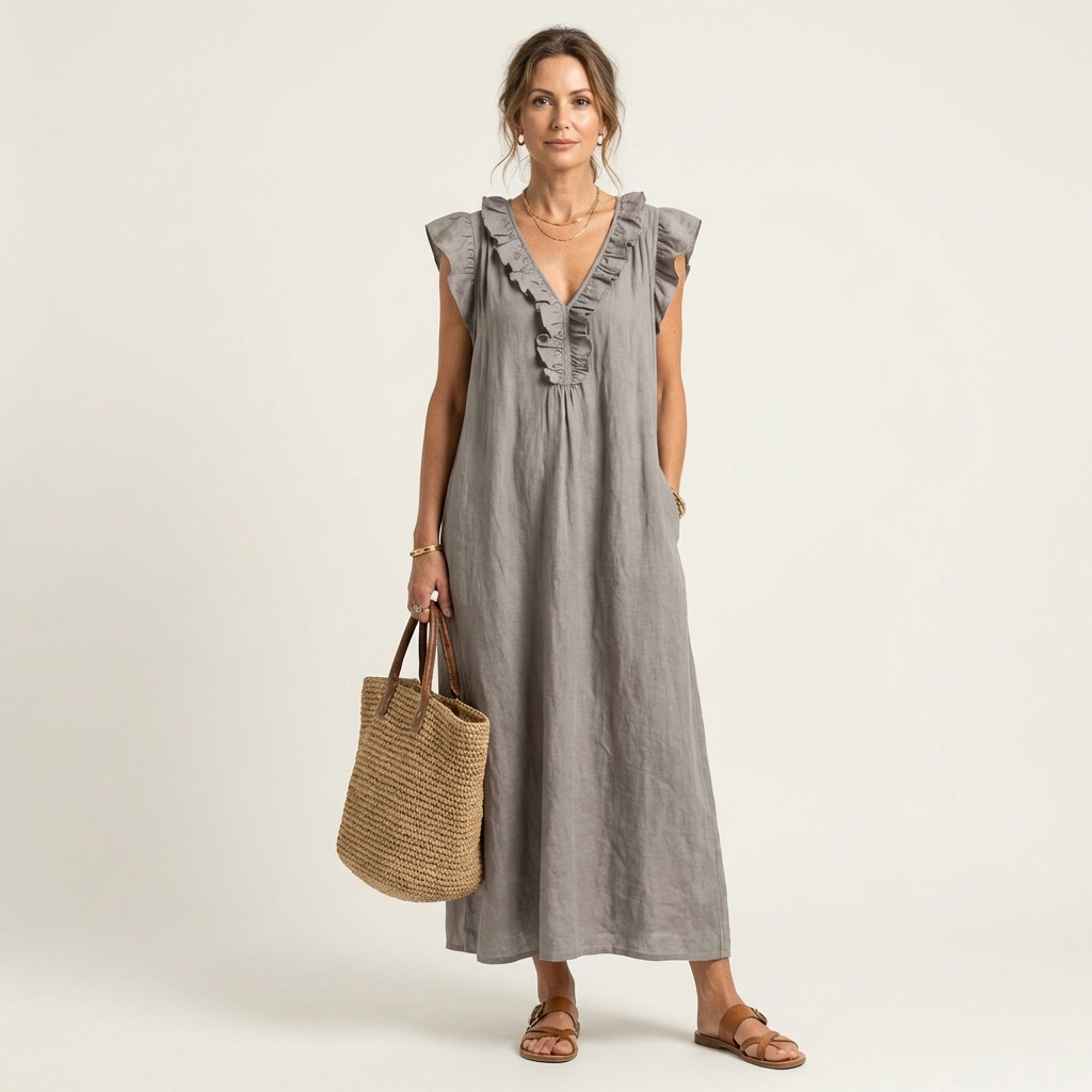 Josette | Vestido Maxi de Lino con Volantes en Escote en V