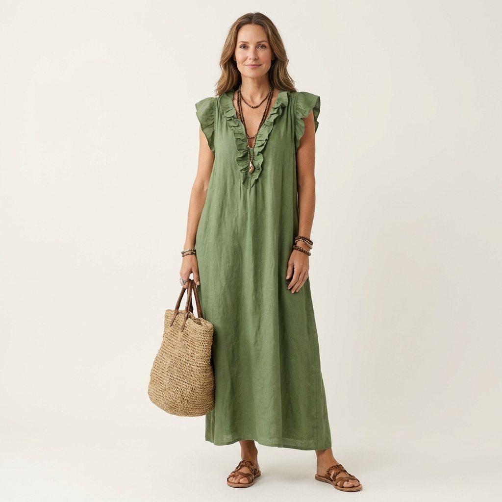 Josette | Vestido Maxi de Lino con Volantes en Escote en V