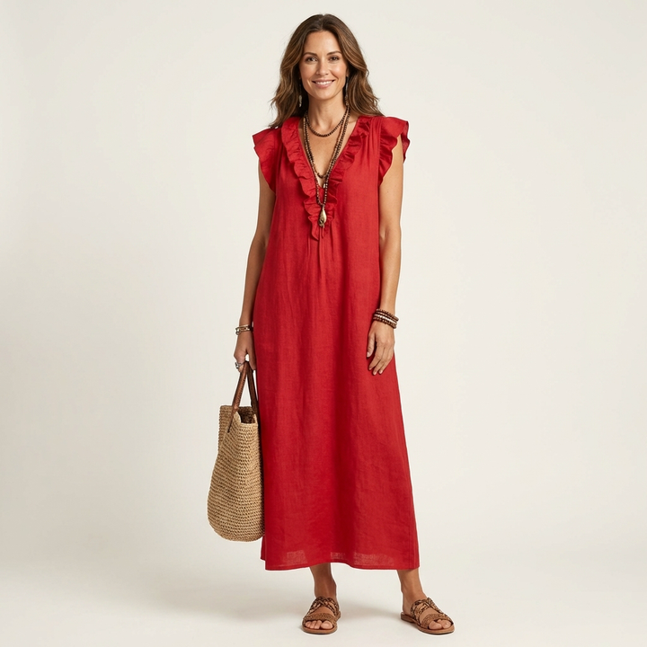 Josette | Vestido Maxi de Lino con Volantes en Escote en V
